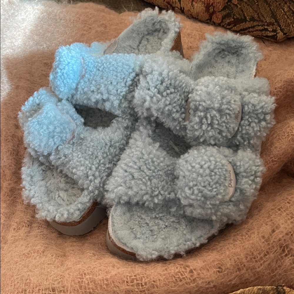 Birkenstock Arizona Teddy Shearling Platform Sandals Blue Big Buckle US 8